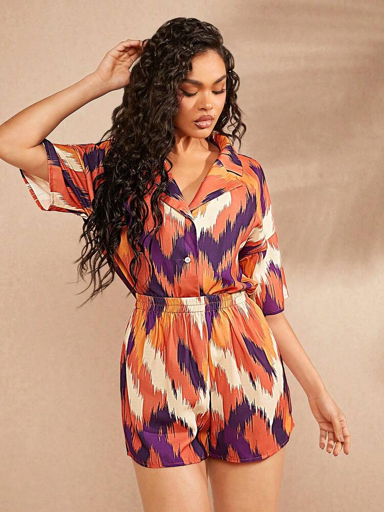 Ikat Print Button Down Shirt & Short Two-Piece Set