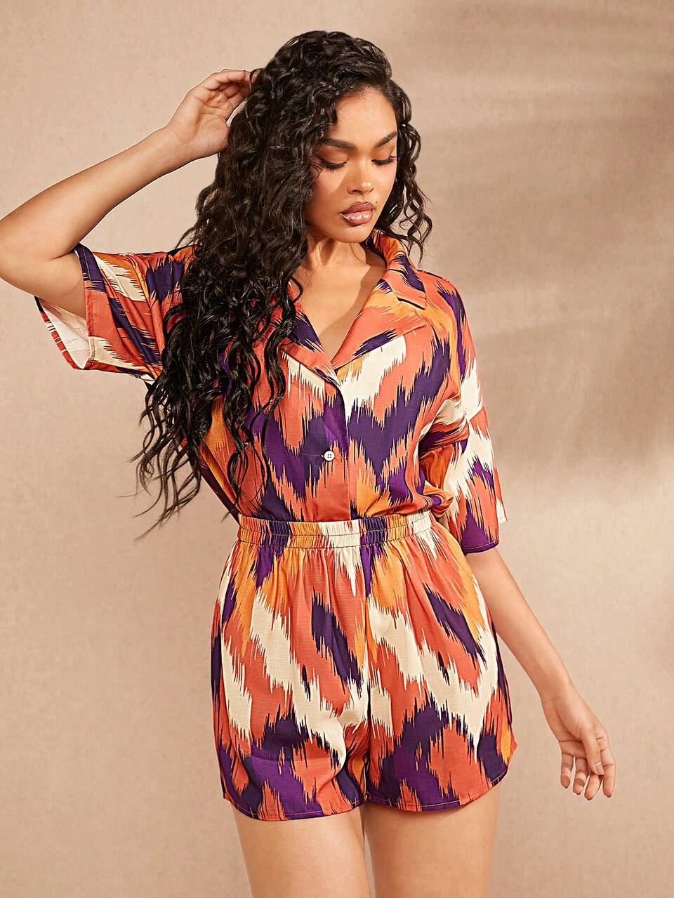 Ikat Print Button Down Shirt & Short Two-Piece Set