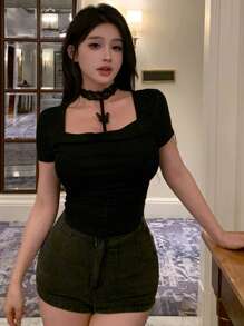 DAZY Women Square Neck Short Sleeve T-Shirt Summer - Black - View 7