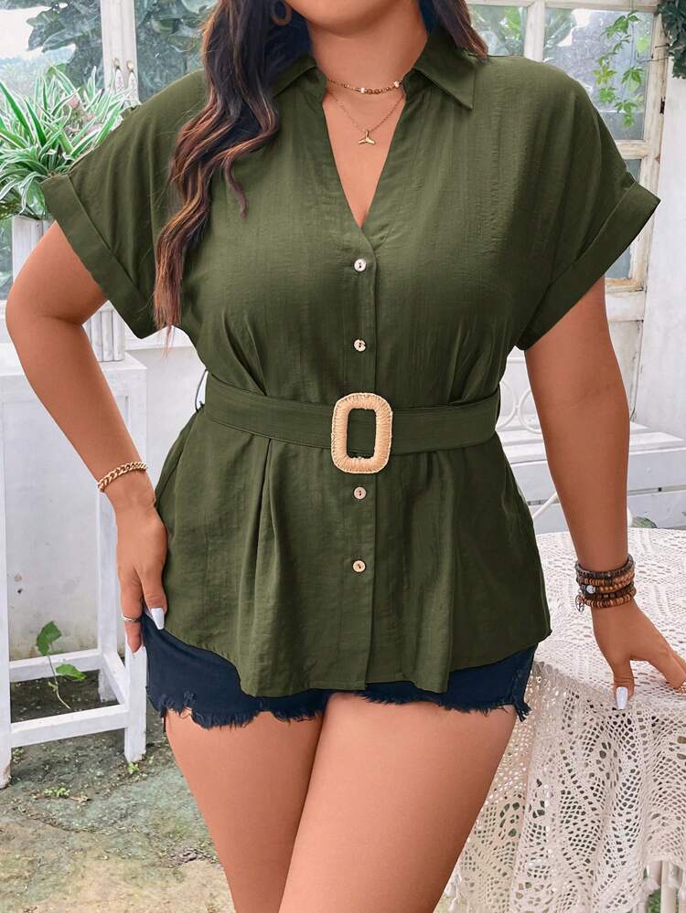 Plus Size Women's Solid Color Batwing Short Sleeve Casual Casual Shirt, Summer
