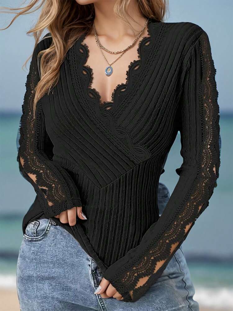 Women's Patchwork Lace Ribbed Long Sleeve T-Shirt