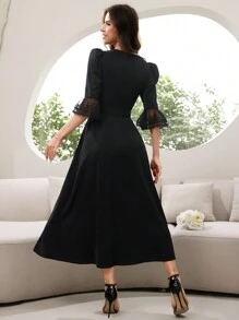 Modelyn Women's Button Decorated Patchwork Embroidered Mesh Trumpet Sleeve Long Elegant Arabian Dress,Elegant Evening Party Dress Long Evening Dresses