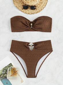 Swim SXY 女款純色環連無肩帶胸圍和比基尼底部性感比基尼套裝，夏季沙灘服裝泳裝 - 咖啡棕 - 查看 2