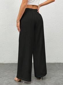 SHEIN PETITE Women's Black Woven Wide-Legged Pants With Waist Tie, Casual ,Petite Women - Black - View 2