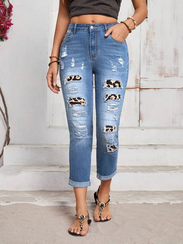 Women's Leopard Print Distressed Loose Fit Jeans With Pockets