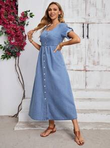 SHEIN LUNE Vestido vaquero largo de mujer con botones delanteros y mangas arremangadas para vacaciones y tiempo libre - Azul - Ver 4