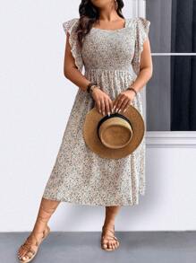 SHEIN LUNE 大码夏季休闲连衣裙，花卉印花，荷叶边，方形领口，收腰 - 白色 - 查看 1