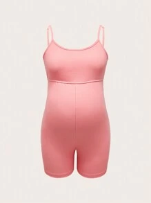 SHEIN Bộ áo liền quần có dây đeo spaghetti hàng ngày đơn giản dành cho bà bầu - Màu Hồng  Dưa hấu - Xem 1