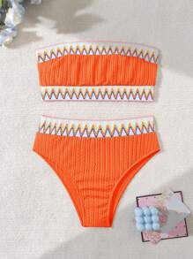 SHEIN Swim 女士夏季沙灘對比色帶無肩帶比基尼套裝，獨特面料泳衣 - 橘色 - 查看 1