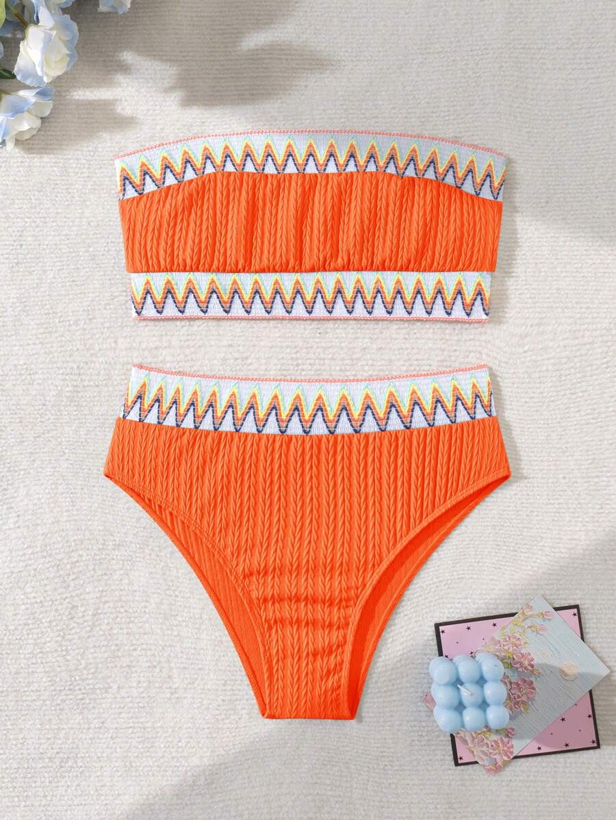 SHEIN Swim 女士夏季沙灘對比色帶無肩帶比基尼套裝,獨特面料泳衣 - 橘色 - 查看 1