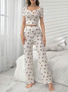 Conjunto de pijama blanco con top de manga corta con escote en pico con bordado de encaje y estampado de cerezas, y pantalón largo para mujer