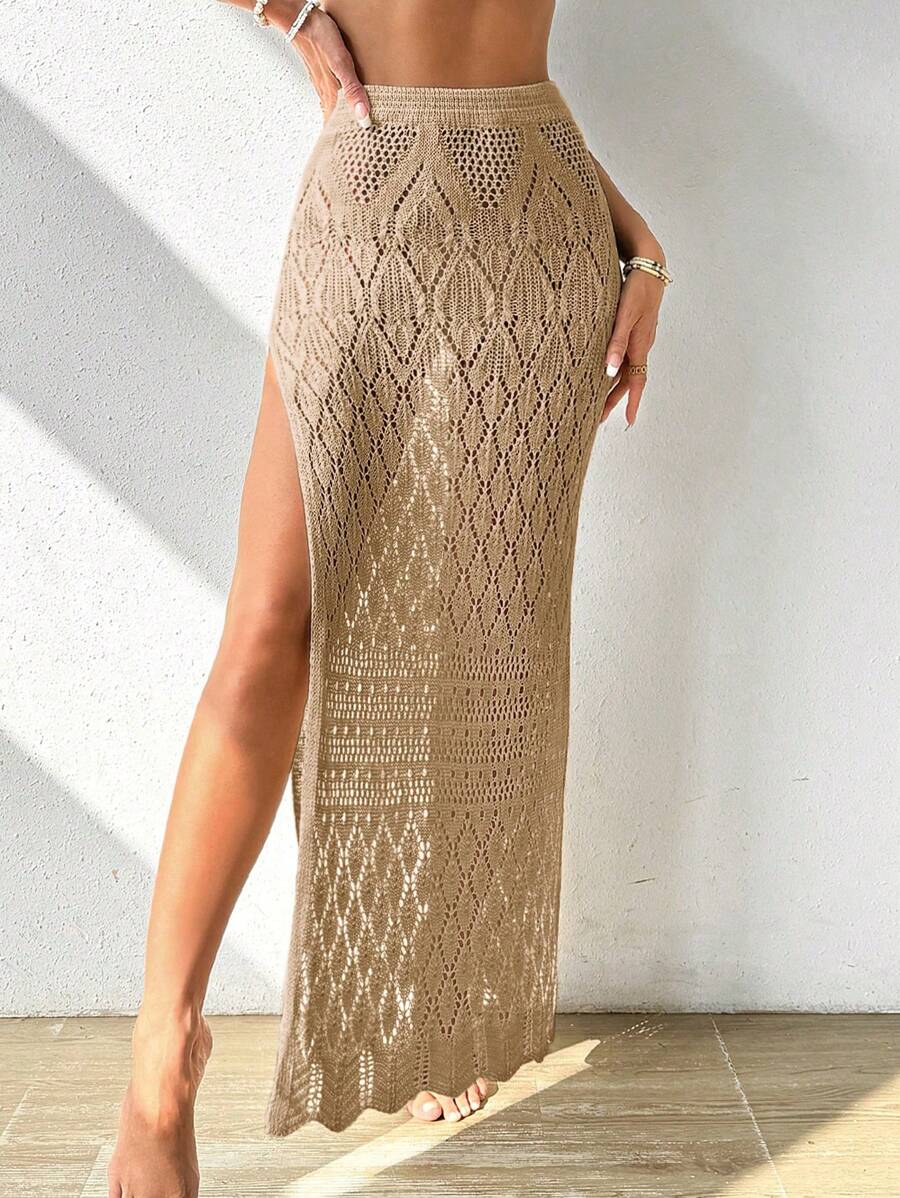 Women's Beach Holiday Solid Color Hollow Out Knitted Side Slit Cover-Up Skirt Summer