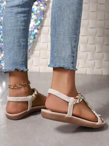 Women's Round Toe Velvet Rhinestone Decor Slide Sandals, Simple Fashion Casual Comfortable Elastic Strap Flat Sandals (Random Woven Strap Pattern)