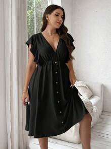 Flirla Plus Size Solid Color Buttoned V-Neck Dress With Ruffle Hem