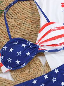SHEIN Teen Girl's American Flag Stars Printed Bikini Set Bra & Swim Bottom & Beach Cover Up Top, 4th Of July Outfit, 3pcs