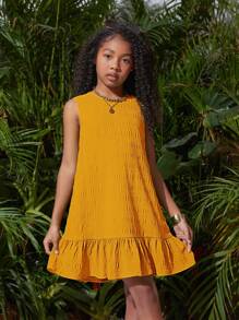 SHEIN Vestido sin mangas de unicolor tejido para niña preadolescente para vacaciones de primavera/verano con bajo de volantes y escote redondo