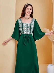 SHEIN Teen Girl Woven Splicing Lace Square Neck Casual Dress - Green - View 5