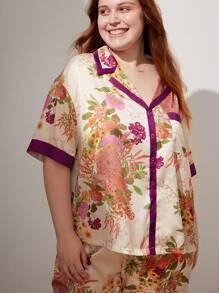 LUVLETTE Women Plus Chinese Style Floral Print Satin Long Pajama Set Lounge Set Lingerie - Red Violet - View 2