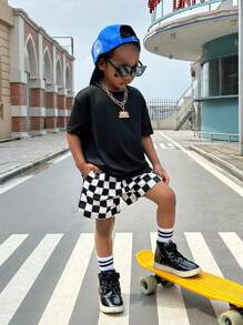 SHEIN SLAYR KIDS SLAYR KIDS 2pcs/Set Young Boys' Casual College Style Comfortable Fashionable Practical Versatile Soft Comfortable Cool Street Graffiti Hand-Painted Breathable & Comfortable Short Sleeve T-Shirt And Checkerboard Pattern Shorts, Suitable For Spring And Summer - Black - View 2
