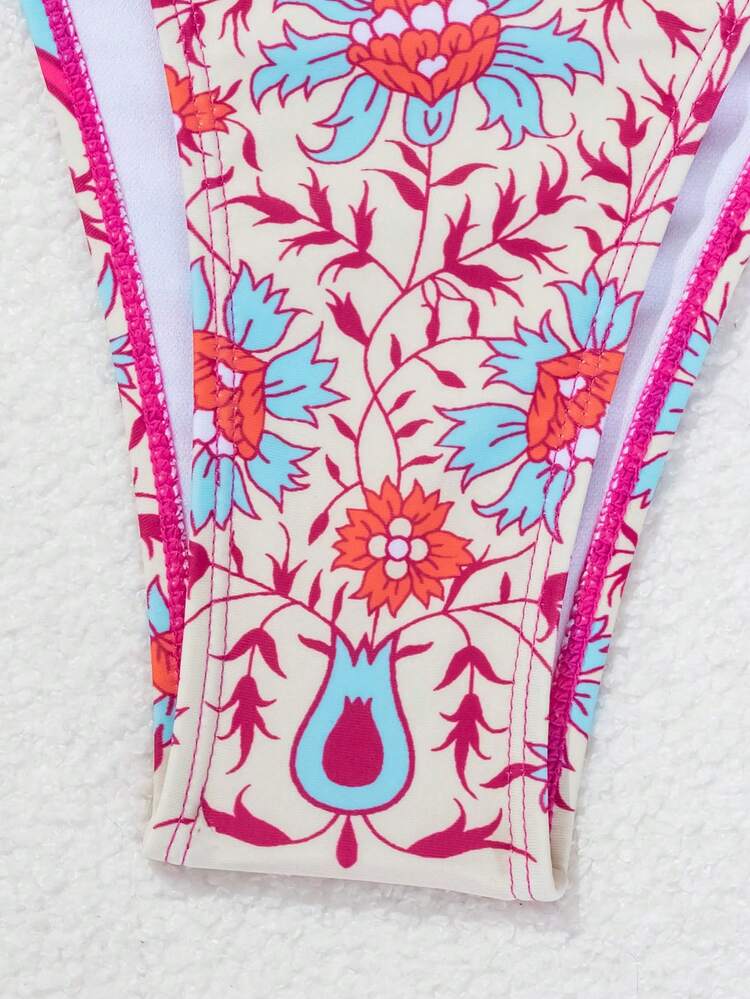 Women's Summer Beach Floral Print Tie-Side Thong Bikini Set