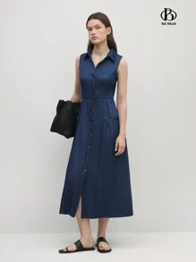 BizChic Waist-Cinching Long Work Dress With Pockets, Turndown Collar, Navy Blue - Navy Blue - View 3