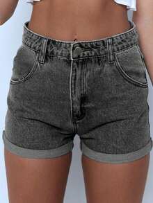 Women's Pocketed Cuffed Casual Loose Fit Versatile Denim Shorts - Grey - View 3