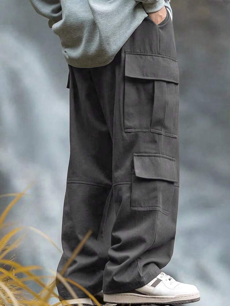 Men's Drawstring Waist Casual Fit Wide Leg Cargo Pants With Pockets