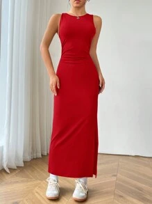 SHEIN EZwear Vestido sin mangas sencillo y diario para mujer de un solo color - Rojo - Ver 4