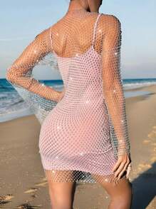 VaVaBold Ladies' See-Through Long Sleeve Mesh Dress + Solid Color Spaghetti Strap Dress (2 Pieces Set) - Baby Pink - View 2