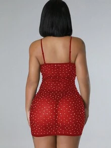 Women's Sexy Rhinestone Sheer Mini Dress Sleeveless Spaghetti Strap Cami Style High Stretch Party Clubwear New Year Dress, Halloween Clothes For Women,Red - Red - View 2