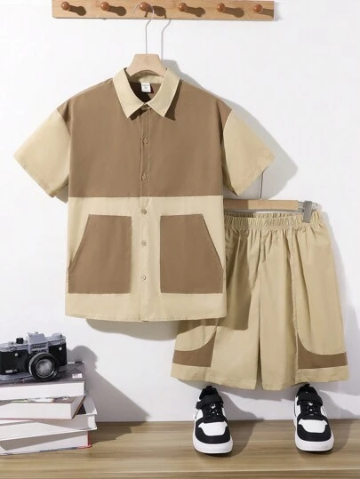 青少年男孩色塊休閒合身短袖襯衫和短褲套裝，夏季