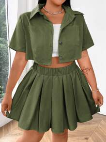 Flirla Plus Size Single-Breasted Solid Color Short Sleeve Top And Pleated Mini Skirt Set