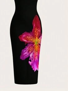SHEIN EZwear 大码女式简约大号花卉印花紧身休闲吊带长裙适合夏季 - 白色 - 查看 3
