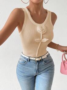 Zielony Camiseta sin mangas de punto acanalado de unicolor con parche en el cuello redondo para uso casual en verano