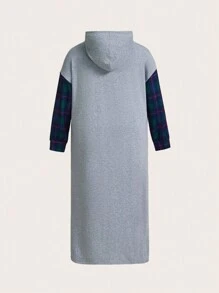 SHEIN LUNE Áo nỉ có mũ cỡ lớn với thiết kế phối họa tiết kẻ caro và in, thích hợp mặc mùa thu. - Xám - Xem 2