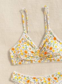 SHEIN Swim Conjunto de bikini sexy para mujer con estampado floral y volantes para playa de verano - Multicolor - Ver 3