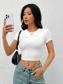 SHEIN PETITE Multicolor Casual Round Neck Tight Short Sleeve T-Shirt For Women, Suitable For Summer - Multicolor - View 5