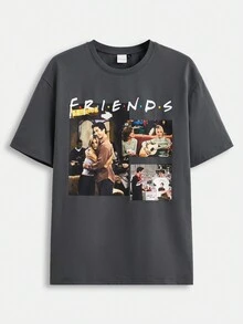 FRIENDS X SHEIN 男士字元印花短袖T恤，夏季休閒 - 黑色 - 查看 1