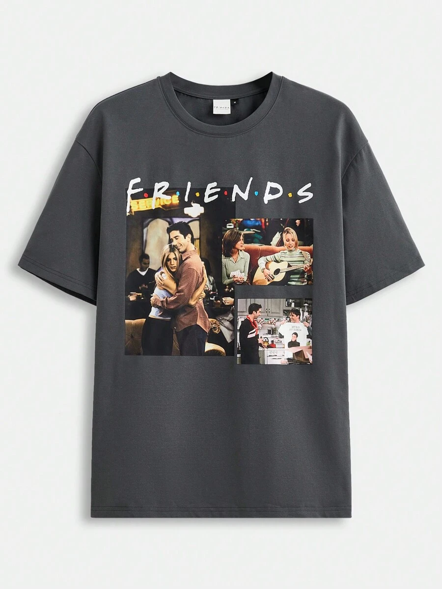 FRIENDS X SHEIN 男士字元印花短袖T恤,夏季休閒 - 黑色 - 查看 1