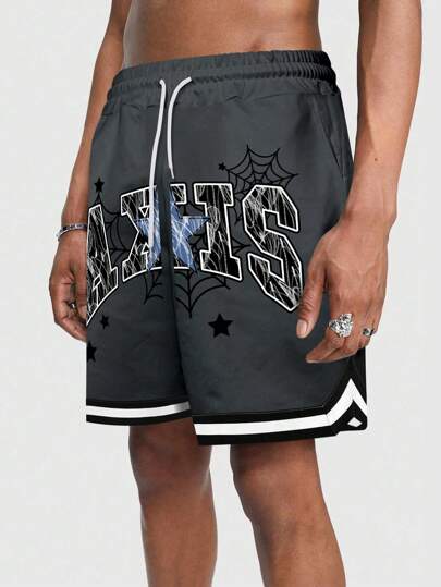 Grunge Punk Men's Color Block Drawstring Elastic Waist Shorts With Woven Strap Detail And Letter Print For Summer