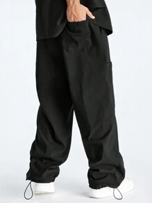 Manfinity VCAY Men's Embroidered English Pattern Baggy Sweatpants With Drawstring, Hip-Hop Style,Stacked Sweatpants - Black - View 2