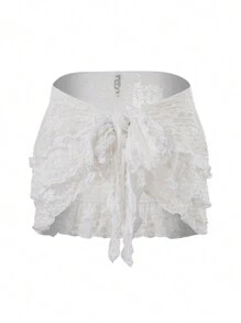 Swim Mod Women's Lace Solid Color Cover Up Summer - White - View 3