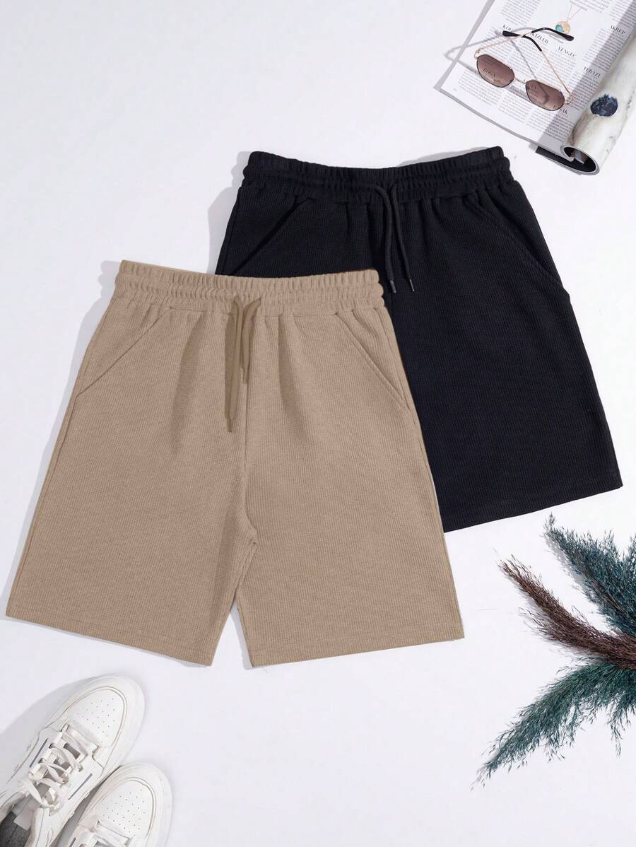 SHEIN Cottnline Men's Basic Waffle Fabric Shorts, 2pcs/Set - Camel - View 1