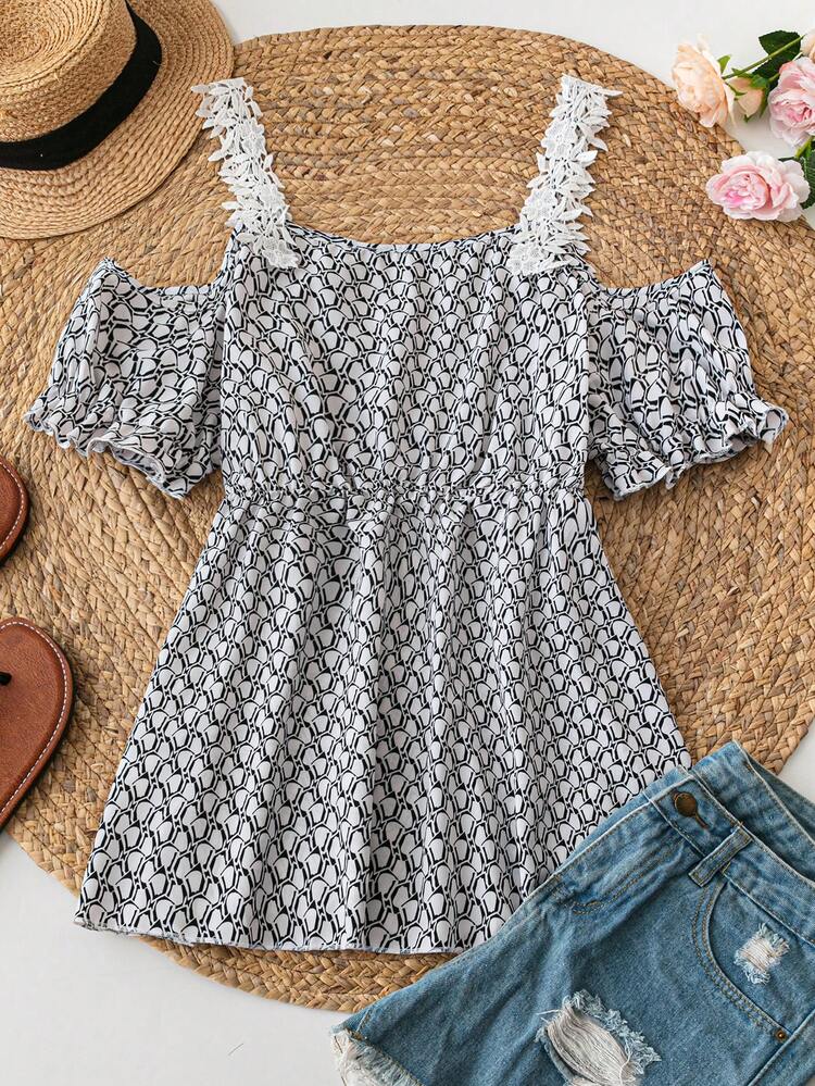 Plus Size Allover Print Lace Patchwork Elegant Summer Blouse