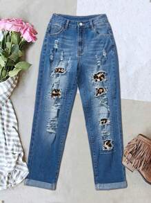 EMERY ROSE Women's Leopard Print Distressed Loose Fit Jeans With Pockets - Blue - View 1