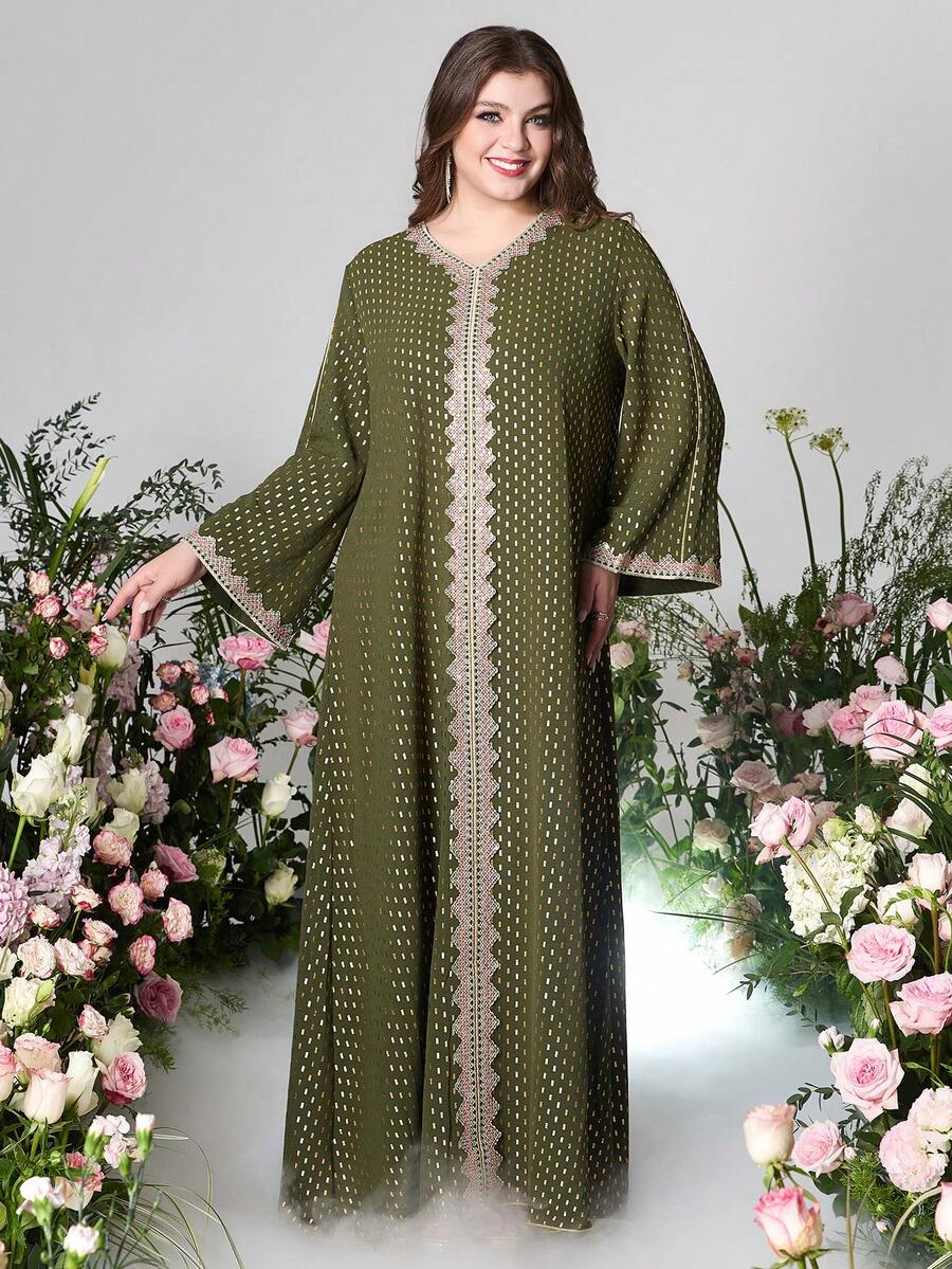 Moss Green V-Neck Long Sleeve Lace Patchwork  Loose Plus Size Arabic Clothing With Golden Stamping - Green - View 1
