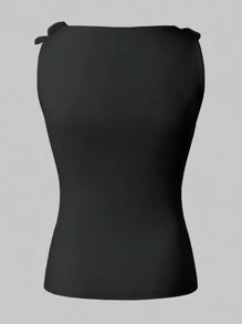 SHEIN Unity 女式夏季无袖上衣，带有 3D 花朵装饰和修身圆领图案 T 恤女式上衣 - 黑色 - 查看 2