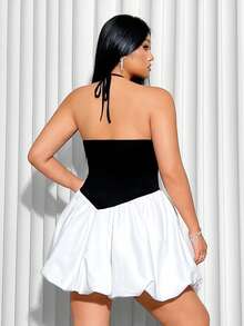 SHEIN ICON Vestido de talla grande con diseño de bloques de color y cuello halter con ribete de volantes