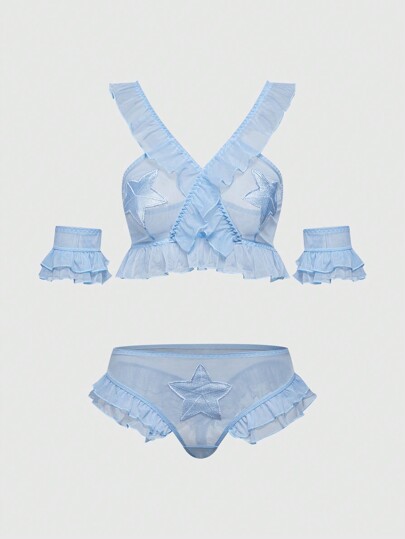 Fairycore Solid Color Meshed Starfish Embroidered Lingerie Set With Ruffle Trim