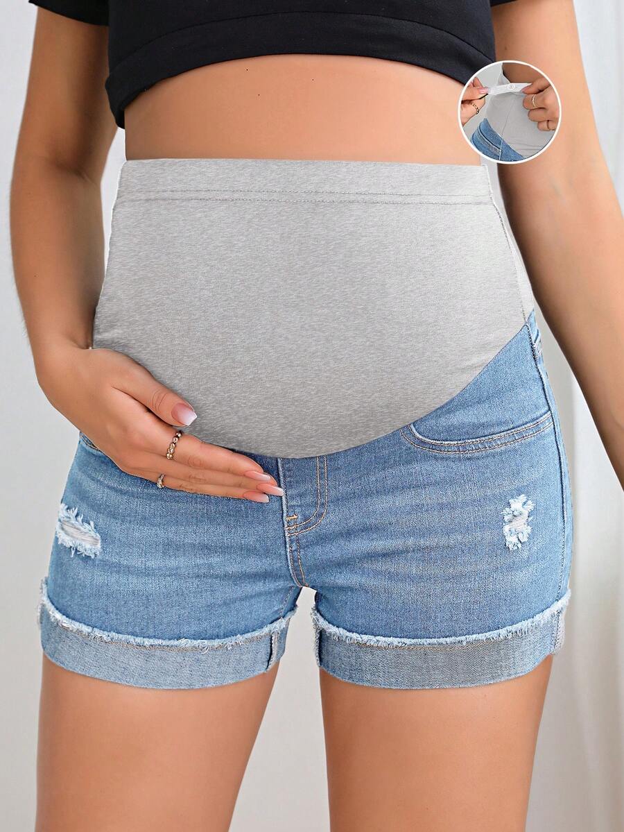 SHEIN Pantalones cortos diarios sencillos de mezclilla de unicolor para embarazadas - Lavado ligero - Ver 1